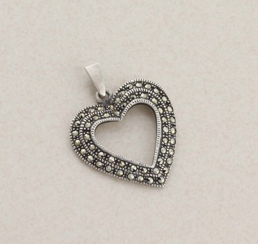 Sterling Silver Marcasite Heart Pendant 1 1/2" x 1 1/8"